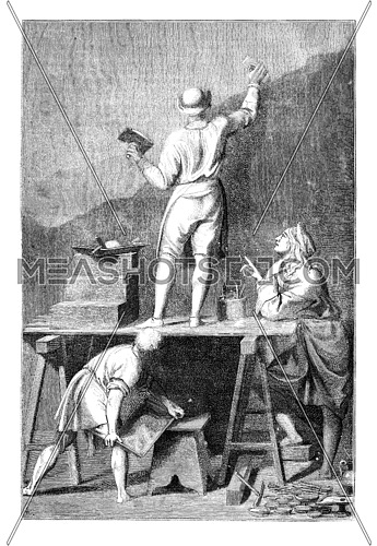 Preparation of the coating to paint a mural. - Drawing of L. -Chevignard, for after Andrea Pozzo, vintage engraved illustration. Magasin Pittoresque 1875.