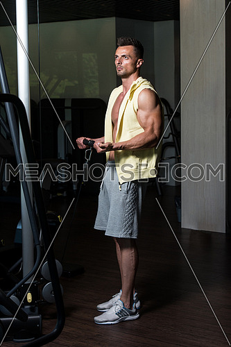 Muscular Young Man Bodybuilder Doing Heavy Weight Exercise For Biceps On Cable Machine