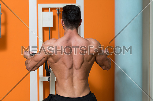 Muscular Young Man Doing Heavy Weight Exercise For Back