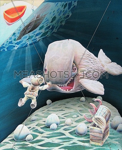 Underwater Dream, kid playing inside is bathtub, dreaming an imaginary world illustration.