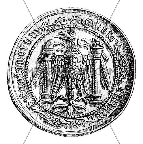 Small seal of the town of Besancon, middle of the fifteenth century, vintage engraved illustration. Magasin Pittoresque 1870.