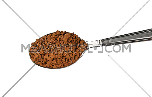 Close up metal spoon full of freeze dried instant coffee granules isolated on white background, elevated top view, directly above