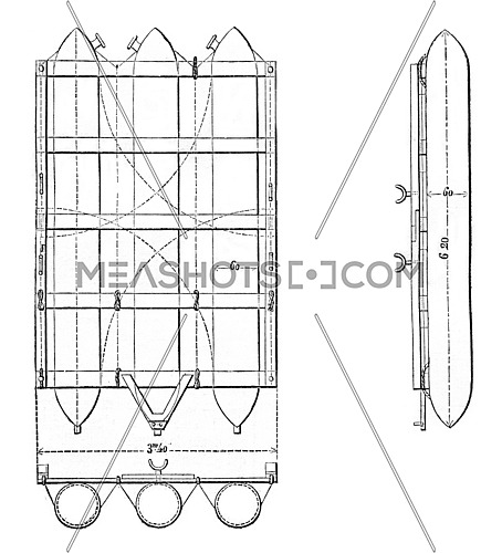 American Raft Perry, plan, section and lateral projection, vintage engraved illustration. Magasin Pittoresque 1870.