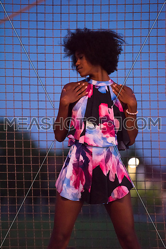 portrait of a young beautiful African American women on a warm summer night  in summer dress with a smile on her face