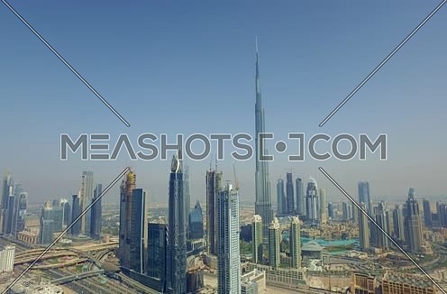 Arial shot for Dubai City Using Drone showing Burj Khalifa in Dubai at Day