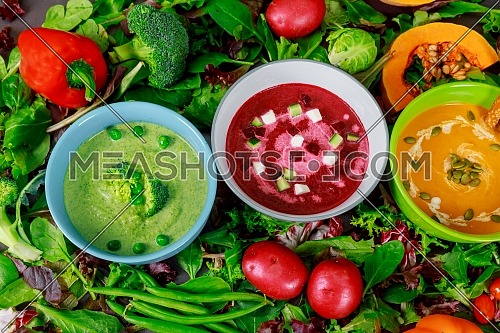 Vegetable colorful assortment vegetarian cream soup and ingredients