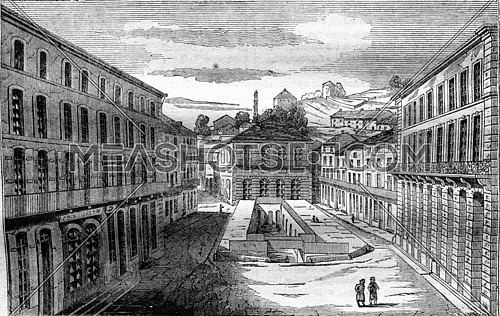 View of the bath of the poor, has Plombieres, department des Vosges, vintage engraved illustration. Magasin Pittoresque 1836.