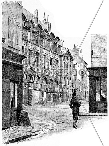 The abbey palace of the rue de l'Abbaye, vintage engraved illustration. Paris - Auguste VITU â 1890.