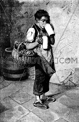Munich breweries. Funny drinking steins leads to his master, vintage engraved illustration. Journal des Voyage, Travel Journal, (1880-81).