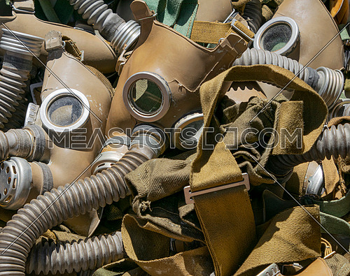 Close up background of old vintage protective gas respirator masks on retail display