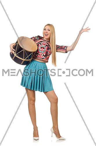 Woman with drum isolated on white