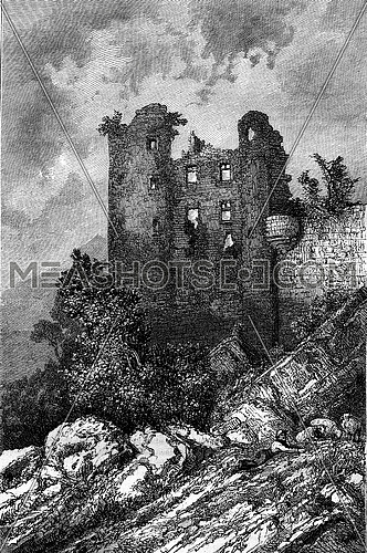 Ruins of the castle Aurouze, vintage engraved illustration. Magasin Pittoresque 1880.