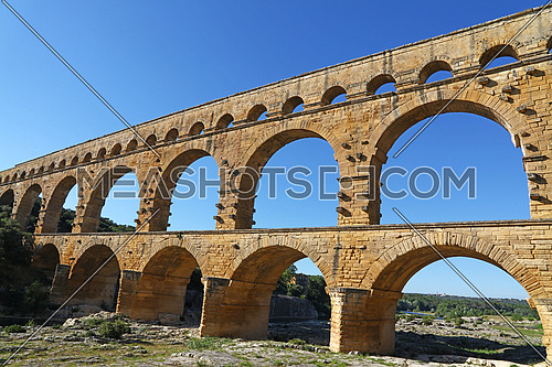 Pont du Gard, an ancient Roman aqueduct bridge that crosses the Gardon River in Provence, Southern France