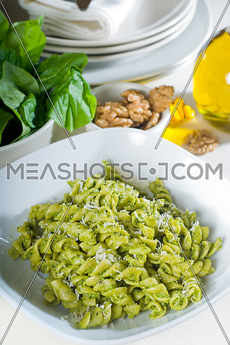 italian fusilli pasta and fresh homemade  pesto sauce