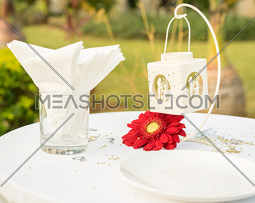Awesome elegant table set for wedding or event party on white table red flower, outdoor.