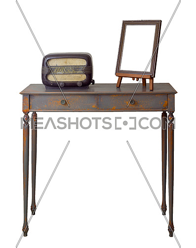 Vintage Furniture - Retro wooden vintage table with two drawers painted in grey and orange, wooden ornate brown desktop photo frame and old radio, including clipping path