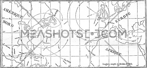 Map of the walk of several cyclones, vintage engraved illustration. Magasin Pittoresque 1861.