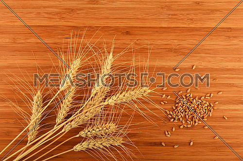 Wooden bamboo cutting board with nine wheat ears and handful of ripe grains, add your text
