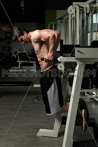 Young Muscular Fitness Bodybuilder Doing Heavy Weight Exercise For Triceps And Chest on Parallel Bars In The Gym