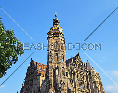 Low angle day view of gothic medieval Cathedral of Saint Elisabeth in Kosice, Slovakia