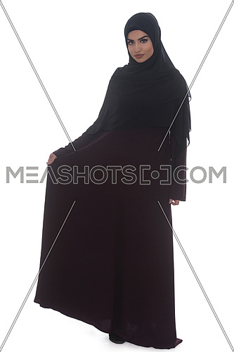 Pretty Young Muslim Woman Full Length Studio Portrait On White