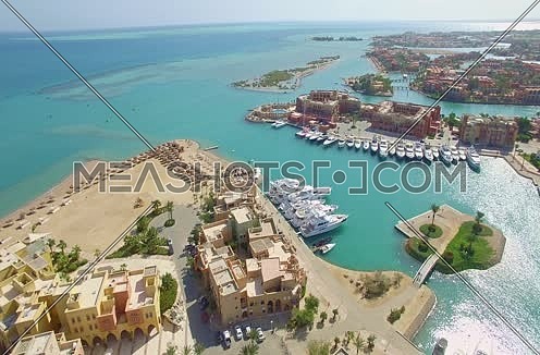Drone shot flying above Al Gouna marina  at Day 