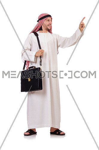 Arab man with briefcase pressing virtual buttons  isolated on white