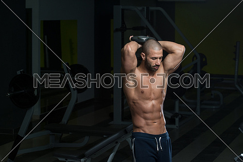 Muscular Young Man Doing Heavy Weight Exercise For Triceps In Gym