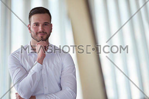 portrait of happy young handsome hipster business man with beard at modern office space interior