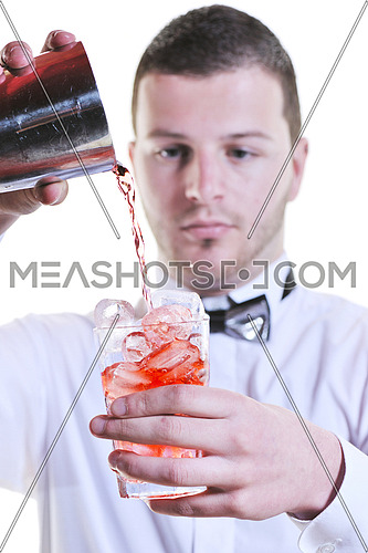 young barman portrait isolated on white background with alcohol coctail drink