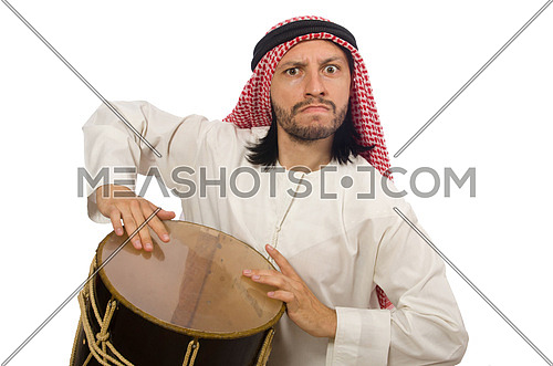 Arab man playing drum isolated on white