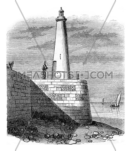 Fire tower Honfleur, vintage engraved illustration. Magasin Pittoresque 1842.