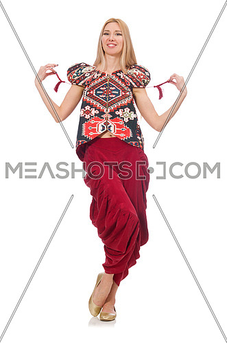Woman in Azerbaijani ornament clothing isolated on white