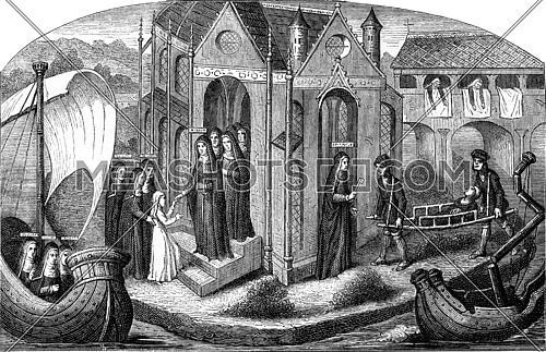 Miniature of the fifteenth century, Reception of a novice to the Hotel Dieu in Paris, vintage engraved illustration. Magasin Pittoresque 1869.