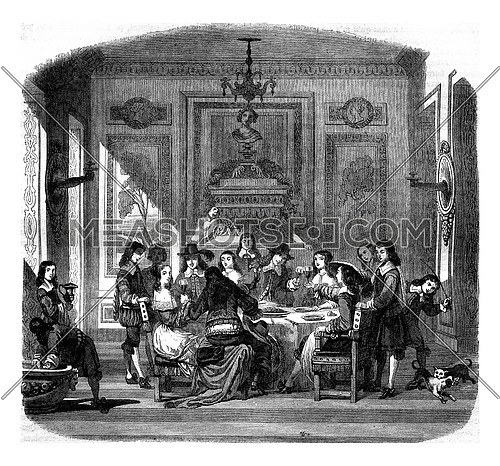 A meal under Louis XIV, vintage engraved illustration. Magasin Pittoresque 1847.