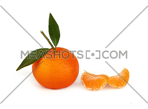 One fresh whole mandarin orange with green leaves and separate group of three wedges segments isolated on white, close up, low angle side view