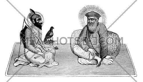 Guru Singh and Baba Nanak, founder of Sikh religion, and after an oriental painting, vintage engraved illustration. Magasin Pittoresque 1836.