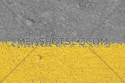 Old yellow painted gray plaster concrete wall with weatherstains, runs and defects