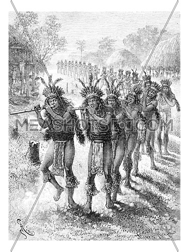 Native Music and Dance in Oiapoque, Brazil, drawing by Riou from a sketch by Dr. Crevaux, vintage engraved illustration. Le Tour du Monde, Travel Journal, 1880