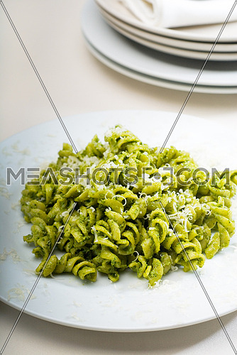 italian fusilli pasta and fresh homemade  pesto sauce
