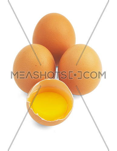 four eggs,one open ;isolated on white background