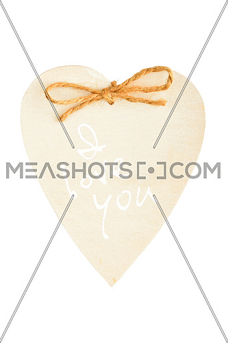 Beige painted romantic wooden handmade souvenir heart with burlap jute rope and copy space isolated on white