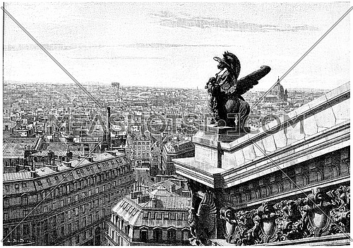 View west of Paris, taken from the top of the opera, vintage engraved illustration. Paris - Auguste VITU â 1890.