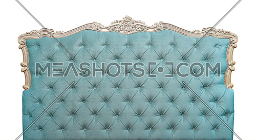 Shaped pastel blue color soft velvet fabric capitone bed headboard of Chesterfield style sofa with carved wooden frame, isolated on white background, front view