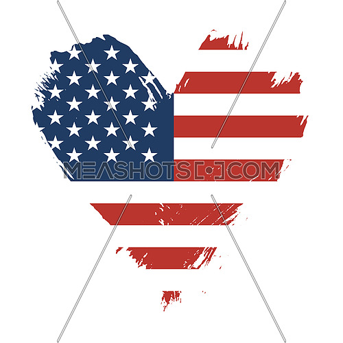 Grunge brushstroke painted illustration of heart shaped distressed USA American flag isolated on white background