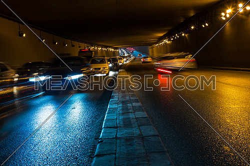 Long Shot for traffic from inside  Al Thawra Tunnel at Night