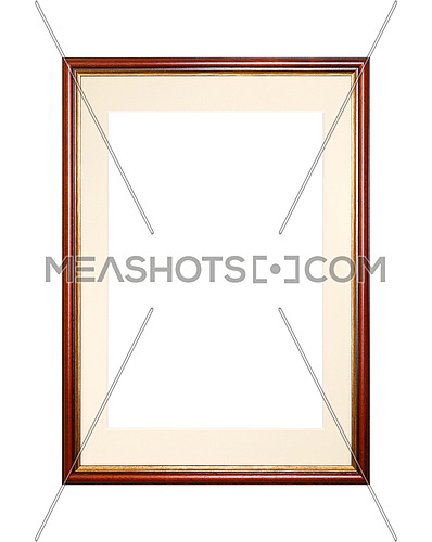 Vintage old wooden classic red brown painted vertical rectangular frame with beige cardboard mat (passe partout mount) for picture or photo, isolated on white background, close up
