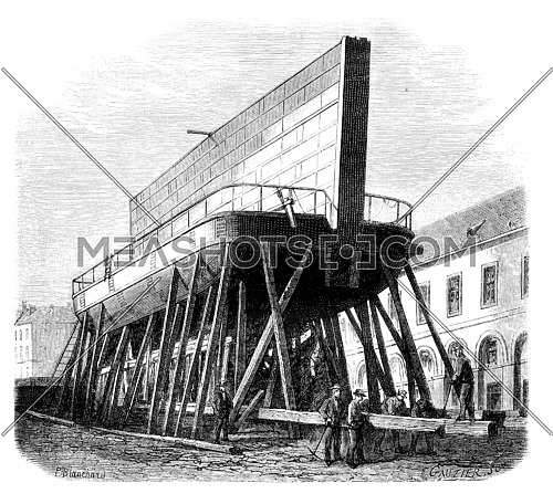 Port of Brest. - Boat-iron gate (1). - Drawing Ph. Blanchard, vintage engraved illustration. Magasin Pittoresque 1875.