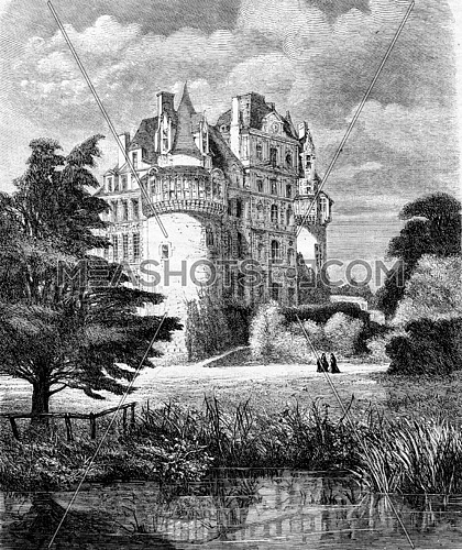 View from Castle Brissac, vintage engraved illustration. Magasin Pittoresque 1873.