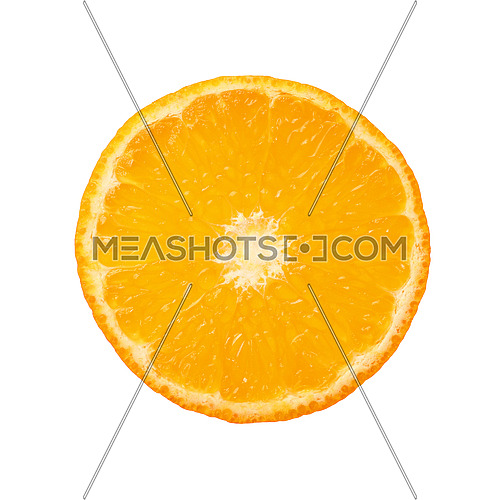 Close up one round thin cut slice of fresh tangerine orange, backlit and isolated on white background